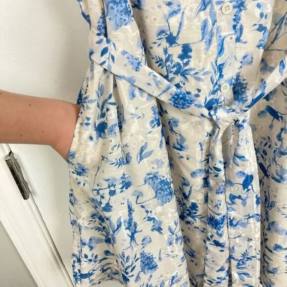 Sam Edelman Floral Embroidered Eyelet Puff Sleeve Mini Shirtdress White Blue, 14 - Picture 7 of 13